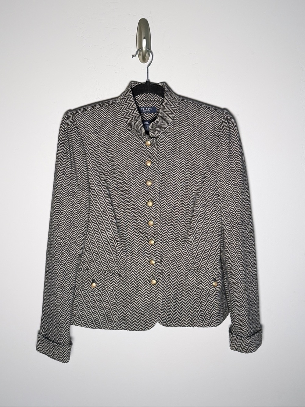 Vintage Chaps Black & White Herringbone Stand-Collar Blazer with Gold Buttons